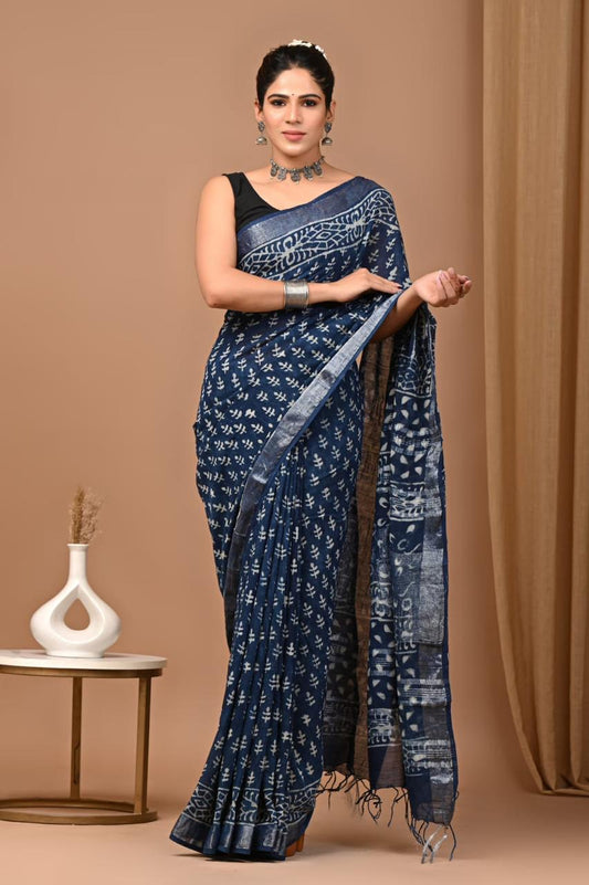HAND BLOCK PRINTED LINEN SAREE WITH BLOUSE PIECE