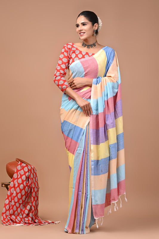 Khadi Cotton Saree — the blouse piece shown in the picture is also included.