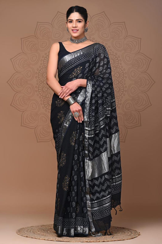 HAND BLOCK PRINTED LINEN SAREE WITH BLOUSE PIECE