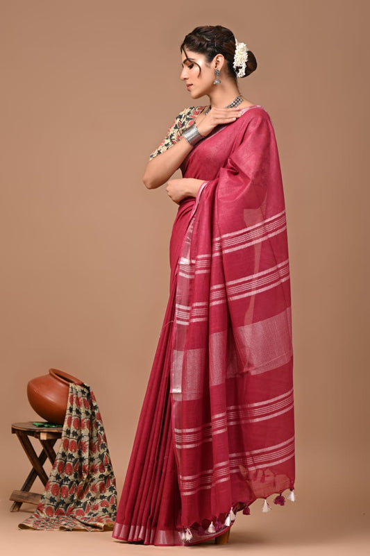 PURE PLAIN COTTON LINEN SAREES WITH 1m EXTRA BLOUSE