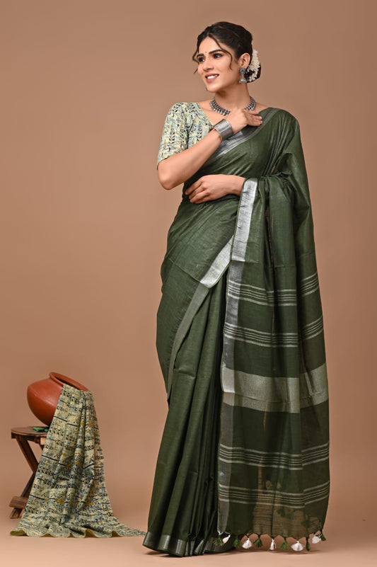 PURE PLAIN COTTON LINEN SAREES WITH 1m EXTRA BLOUSE