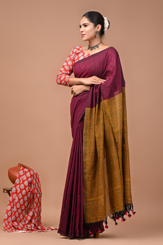 Khadi Cotton Saree — the blouse piece shown in the picture is also included