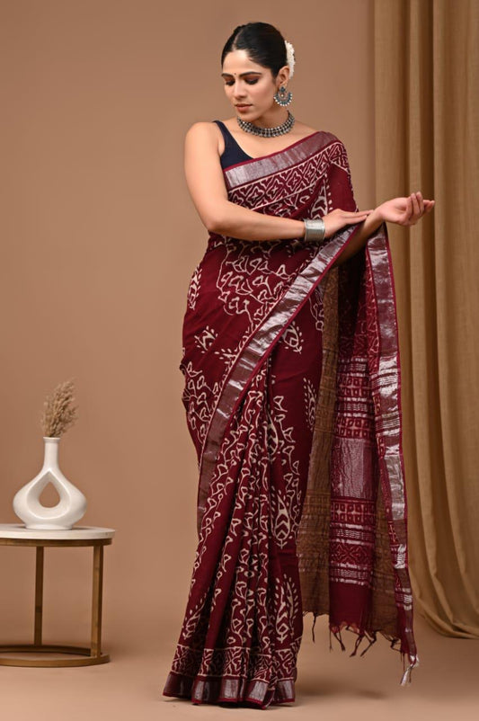 HAND BLOCK PRINTED LINEN SAREE WITH BLOUSE