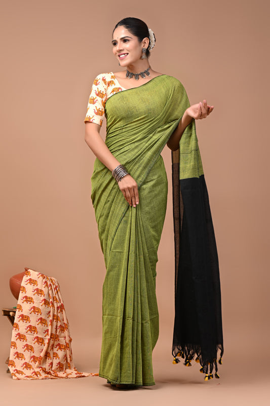 Khadi Cotton Saree — the blouse piece shown in the picture is also included.