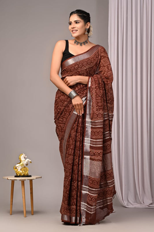 HAND BLOCK PRINTED LINEN SAREE