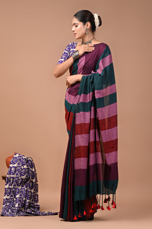 Khadi Cotton Saree — the blouse piece shown in the picture is also included.