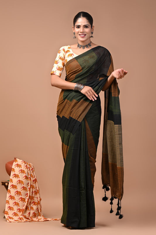 Khadi Cotton Saree — the blouse piece shown in the picture is also included.