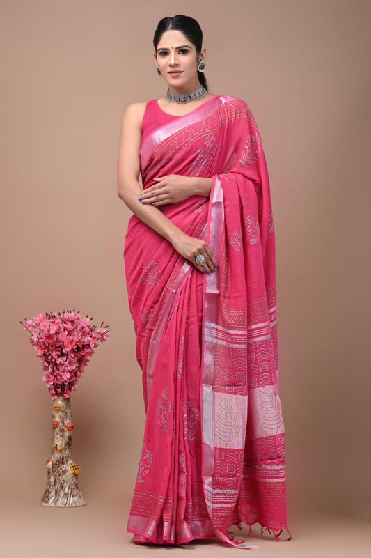 HAND BLOCK PRINTED LINEN SAREE WITH BLOUSE PIECE