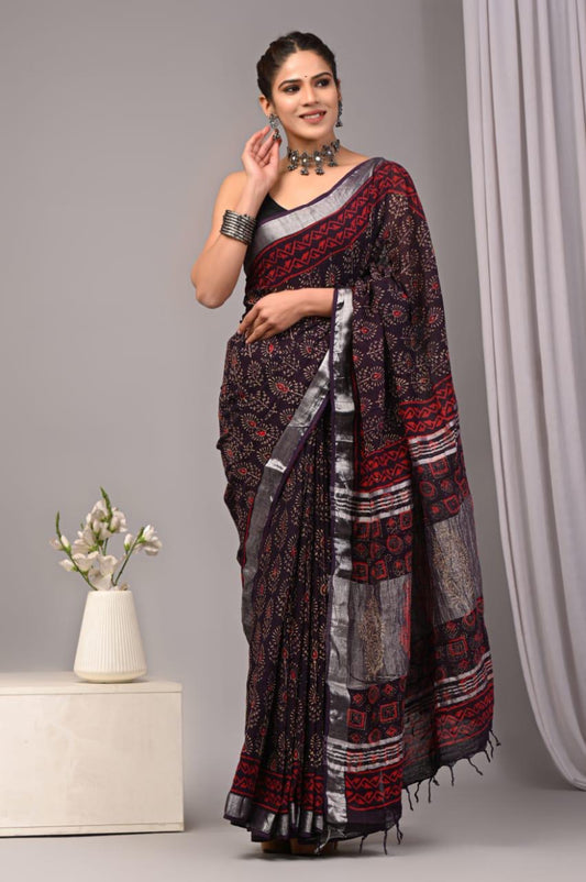 HAND BLOCK PRINTED LINEN SAREE WITH BLOUSE PIECE