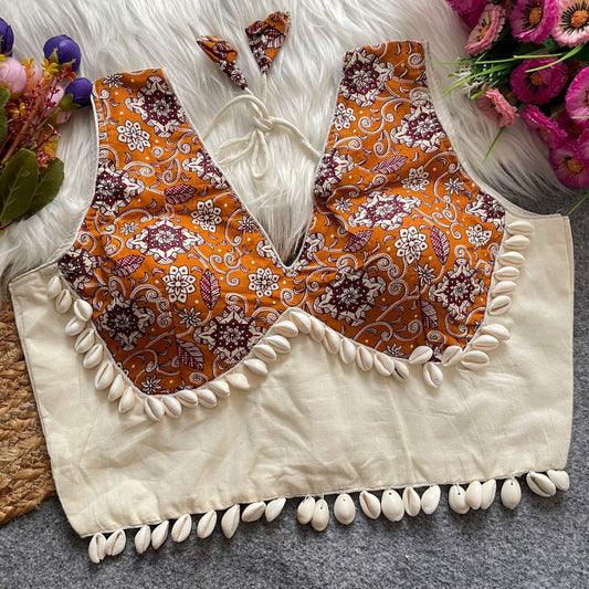 White Khadi cotton ajrakh printed readymade blouse with real shells [Product code:-