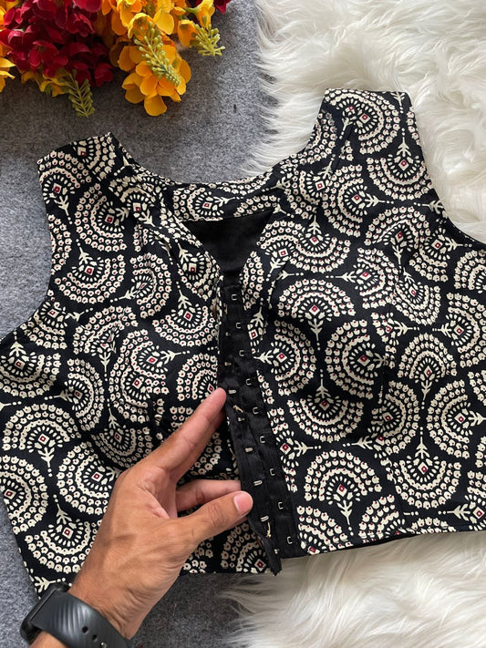 Black ajrakh printed cotton readymade boat neck blouse [Product code:-