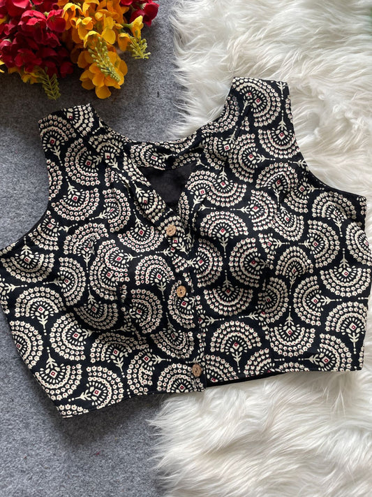 Black ajrakh printed cotton readymade boat neck blouse [Product code:-