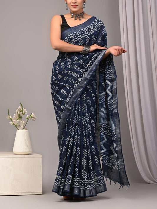 HAND BLOCK PRINTED LINEN SAREE with blouse [ product code 0079 ]