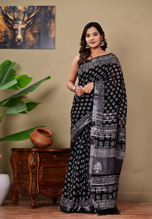 HANDBLOCK PRINTED LINEN SAREE with blouse [ product code : 0075 ]