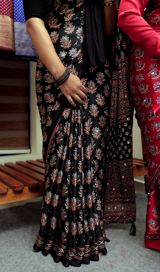 🪞Premium Semi Modal Silk Mirror Work Saree BLACK                    [ product code :- 0083 ]
