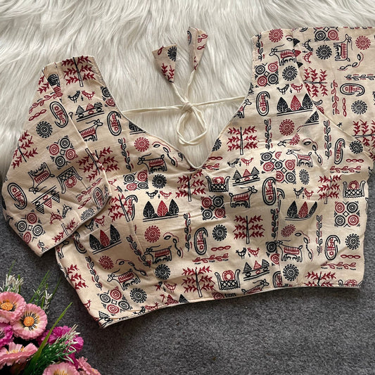 White colour ajarakh printed cotton readymade blouse [Product code:-]