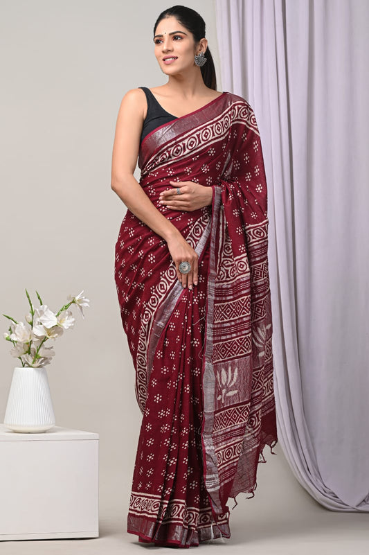 HAND BLOCK PRINTED LINEN SAREE with blouse [ product code : 0073 ]
