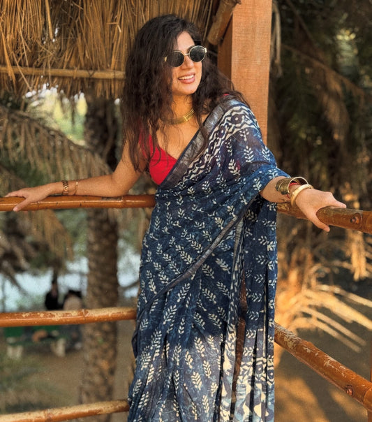 HAND BLOCK PRINTED LINEN SAREE with blouse [ product code : 0077 ]