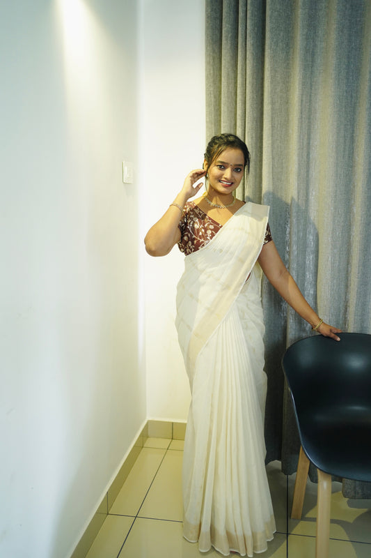 KERALA SAREE GOLDEN LINES WITH TASSELS