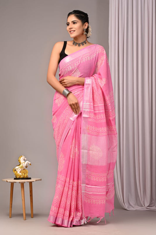 HANDBLOCK PRINTED LINEN SAREE with blouse [ product code: 0076 ]