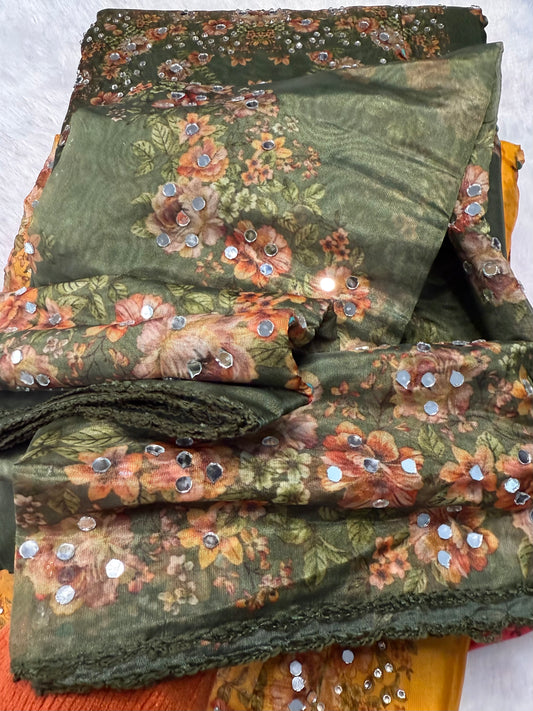 Churidar material,printed Organza material with heavy mirror work [ product code:-0070 ]