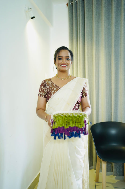 KERALA SAREE GOLDEN LINES WITH TASSELS
