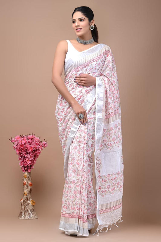 HAND BLOCK PRINTED LINEN SAREE WITH BLOUSE PIECE