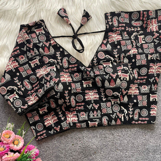 Black colour ajarakh printed cotton readymade blouse [Product code:-]