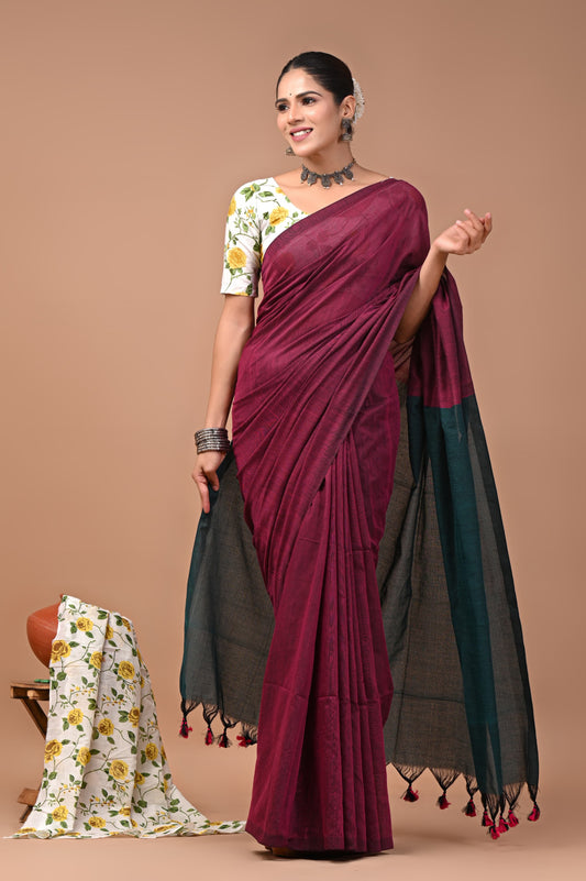 Khadi Cotton Saree — the blouse piece shown in the picture is also included.