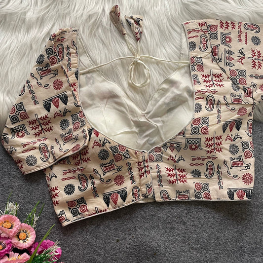 White colour ajarakh printed cotton readymade blouse [Product code:-]