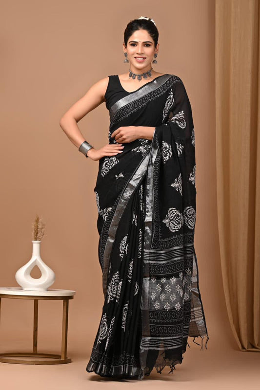 HAND BLOCK PRINTED LINEN SAREE WITH BLOUSE PIECE