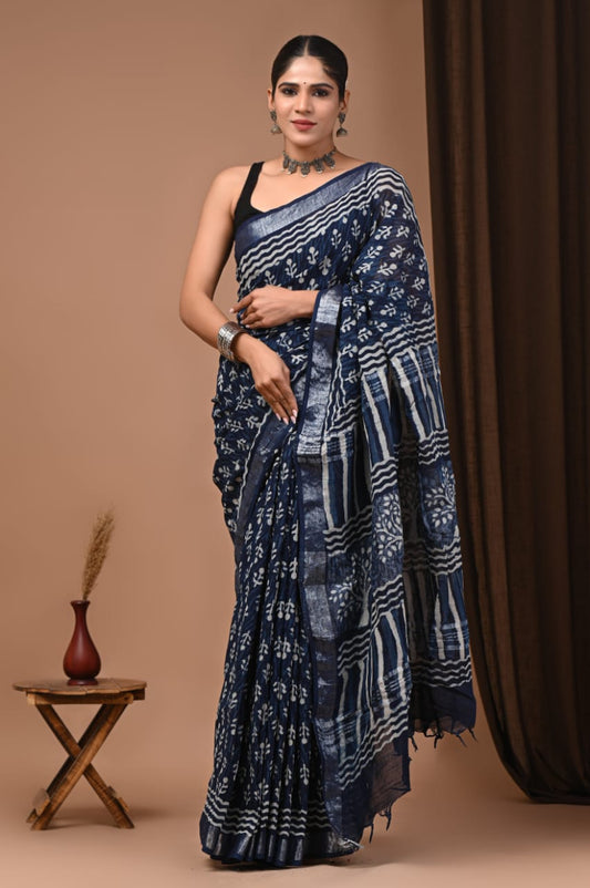 HAND BLOCK PRINTED LINEN SAREE with blouse [ product code :0071 ]