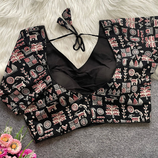 Black colour ajarakh printed cotton readymade blouse [Product code:-]