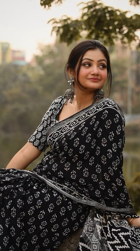 HAND BLOCK PRINTED LINEN SAREE without blouse [ product code: 0080 ]