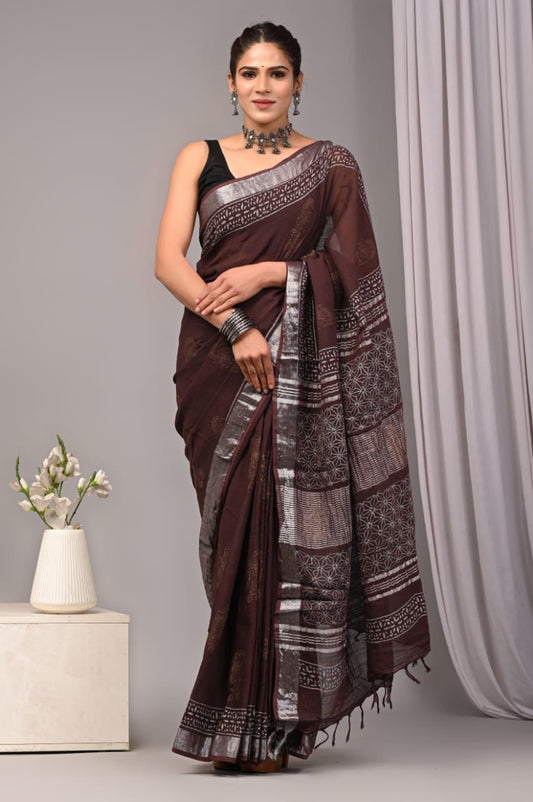 HAND BLOCK PRINTED LINEN SAREE with blouse [ product code: 0078 ]