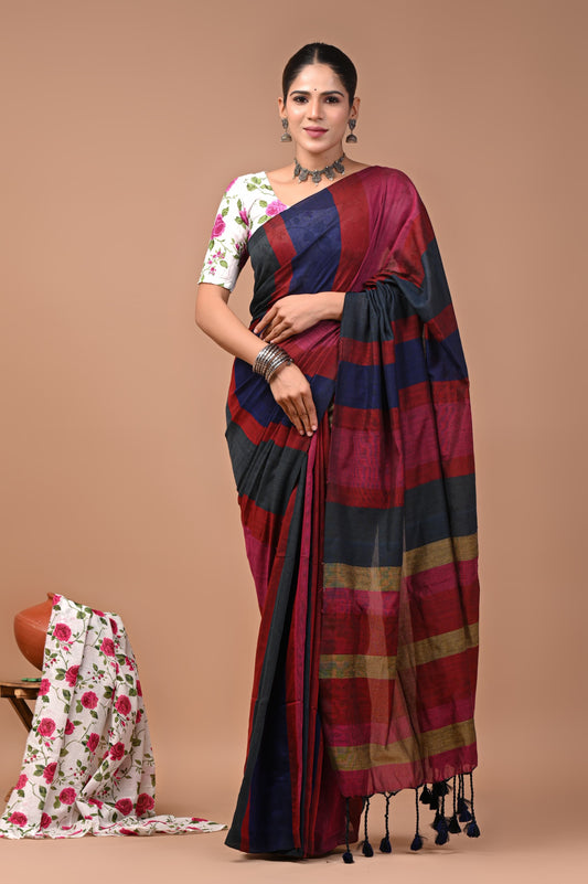 Khadi Cotton Saree — the blouse piece shown in the picture is also included.