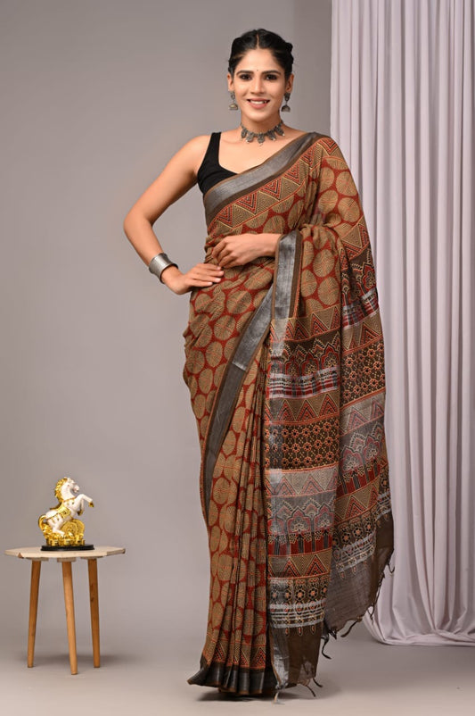 HAND BLOCK PRINTED LINEN SAREE