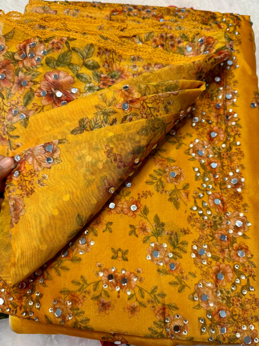 Churidar material,printed Organza material with heavy mirror work [ product code:-0070 ]