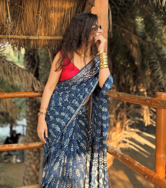 HAND BLOCK PRINTED LINEN SAREE with blouse [ product code : 0077 ]