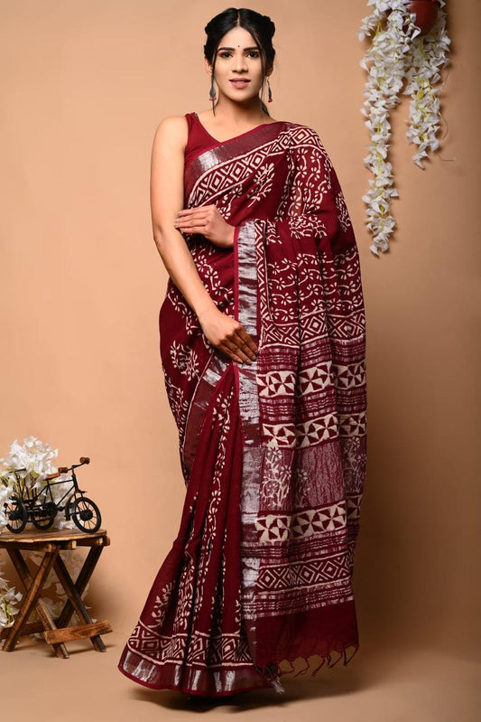HAND BLOCK PRINTED LINEN SAREE