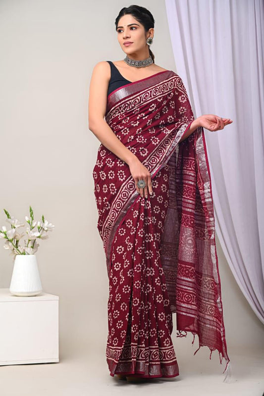 HAND BLOCK PRINTED LINEN SAREE with blouse [ product code 0072 ]