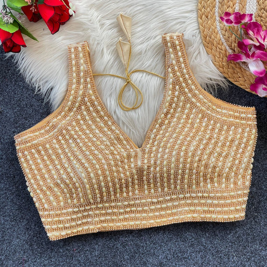soft silk readymade blouse with handcrafted pearl work