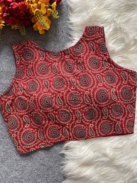 Red ajrakh printed cotton readymade boat neck blouse [Product code:- 0062 ]